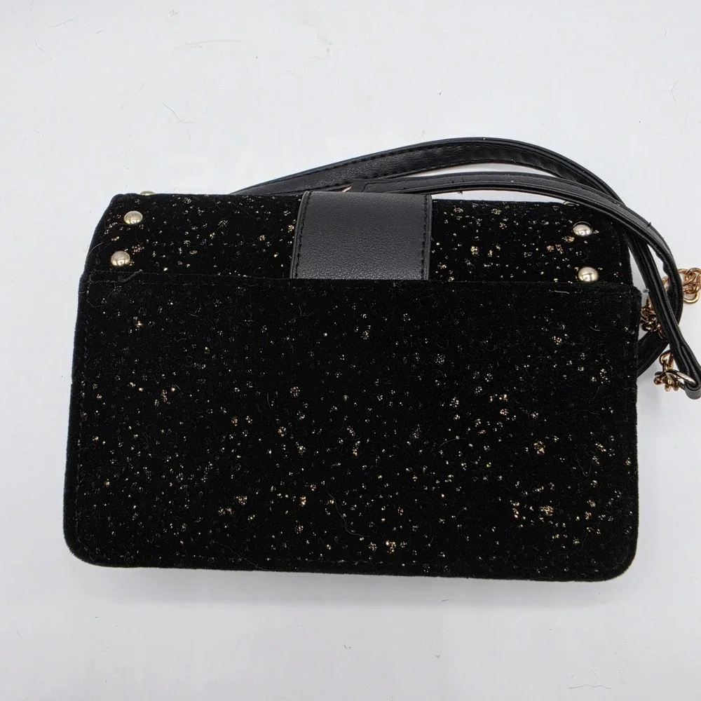 Olivia Miller Black Velvet Jeweled‎ Bee Crossbody Bag Gold Glitter Studded Purse